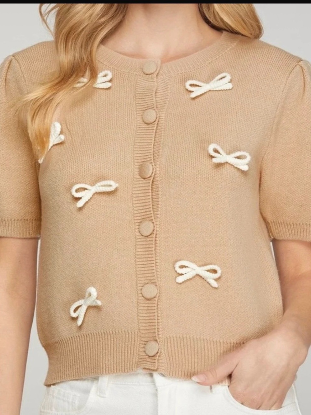 She + Sky Beige Short-Sleeve Cardigan with Cream Bow Appliqués